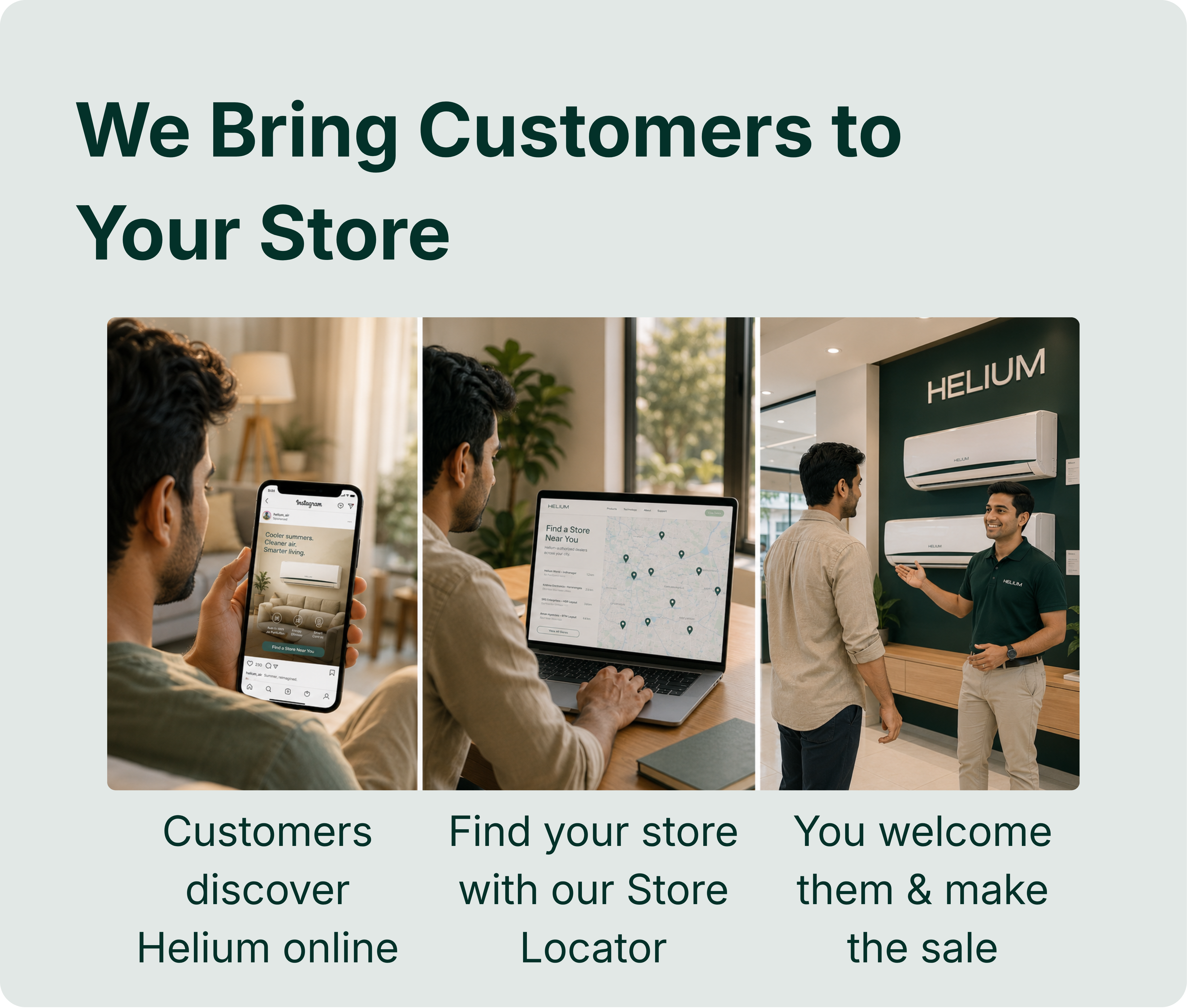 Helium's store locator screen next to a monsoon sale promotion graphic