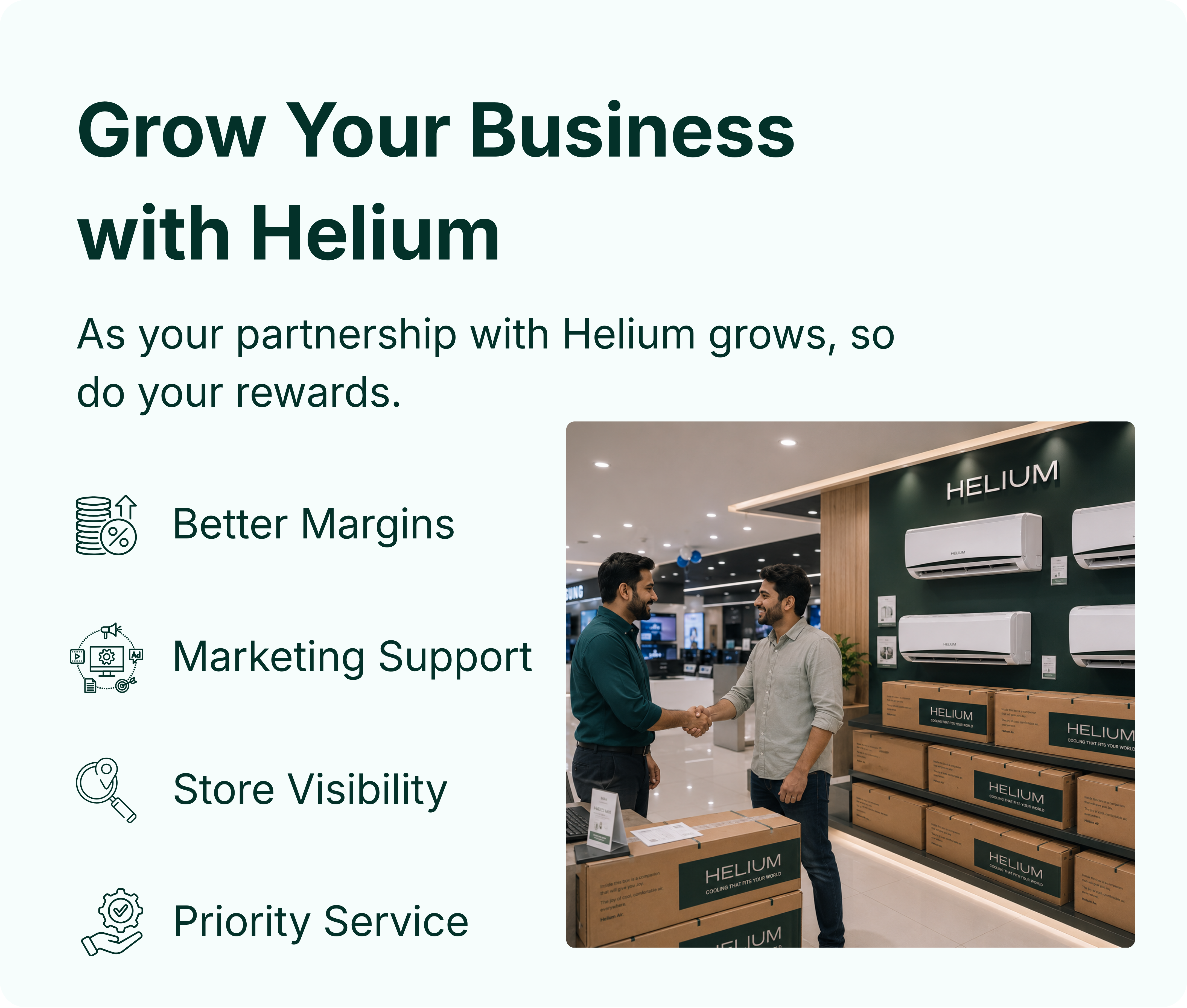 A Helium representative shaking hands with a dealer in-store
