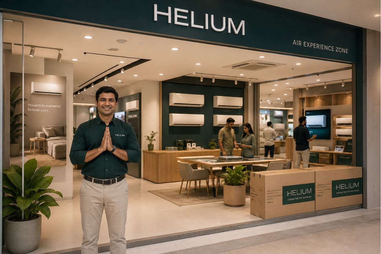 A Helium Air Experience Zone storefront with its dealer welcoming customers