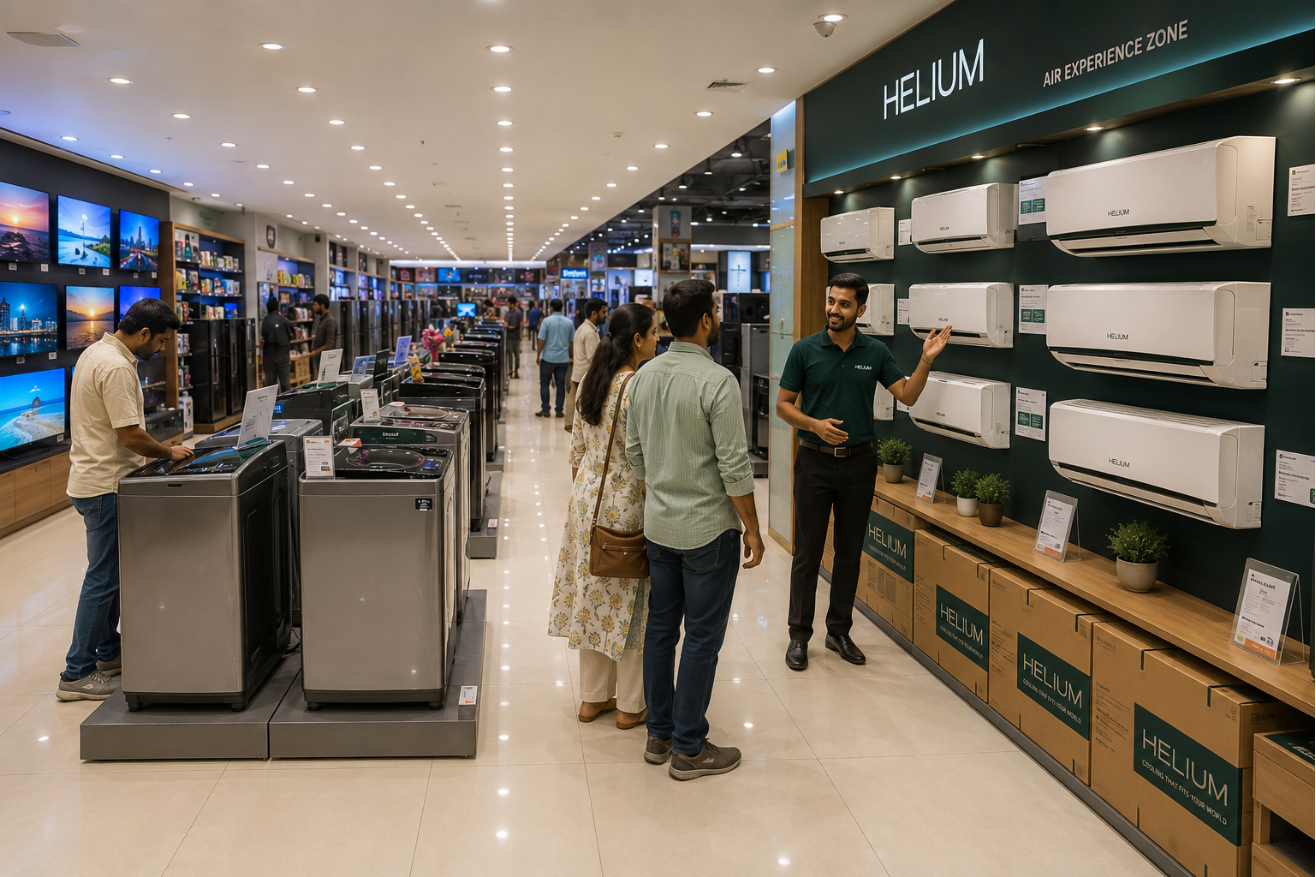 A Helium display wall inside a large multi-brand electronics showroom